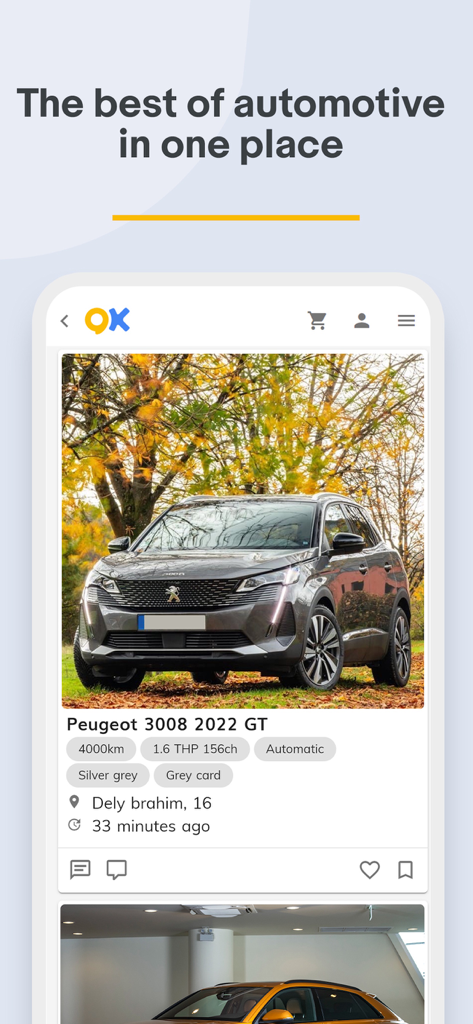 Ouedkniss - Capture d'écran de l'application Ouedkniss présentant une publicité de voiture Peugeot 3008 avec les spécifications du véhicule et l'emplacement.