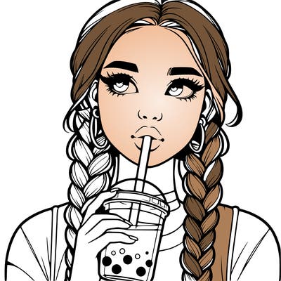 realistic girl with braided hair drinking boba