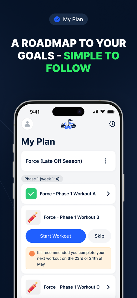 Fit For Golf 2.0 - Fit For Golf app interface showing a personalized workout roadmap and training plan