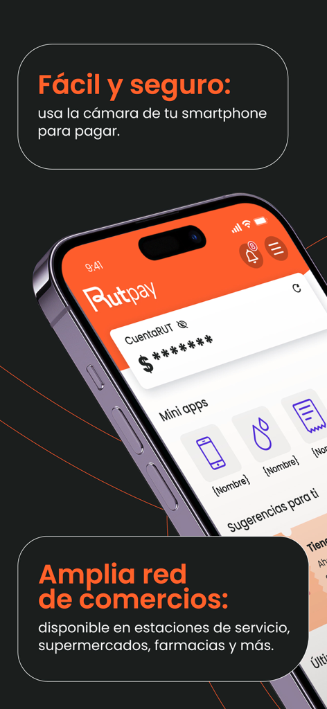 Rutpay: Tu nueva forma de pago - Pantalla de la aplicación Rutpay mostrando funciones de pago móvil para expatriados chilenos