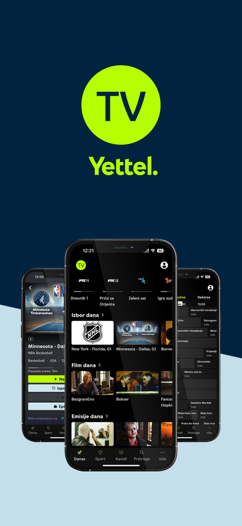 Yettel TV - Yettel TV mobile app interface showing movies sports and tv shows on smartphone screens