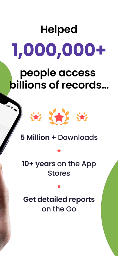 Graphic showing BeenVerified app statistics including five million downloads and ten years of public record service.