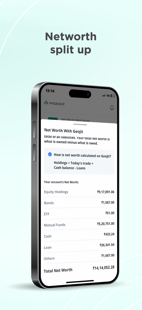 MyGeojit - Detailed net worth breakdown in the MyGeojit app including equity bonds and mutual funds