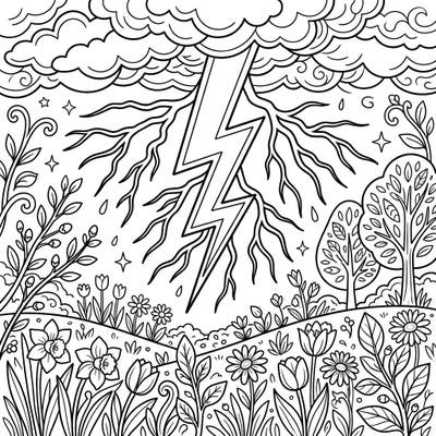 Unleash your creativity with this captivating coloring page featuring a spectacular forked lightning bolt amidst a flourishing spring landscape. It's a striking blend of nature's raw power and gentle, vibrant renewal, perfect for artists of all levels.