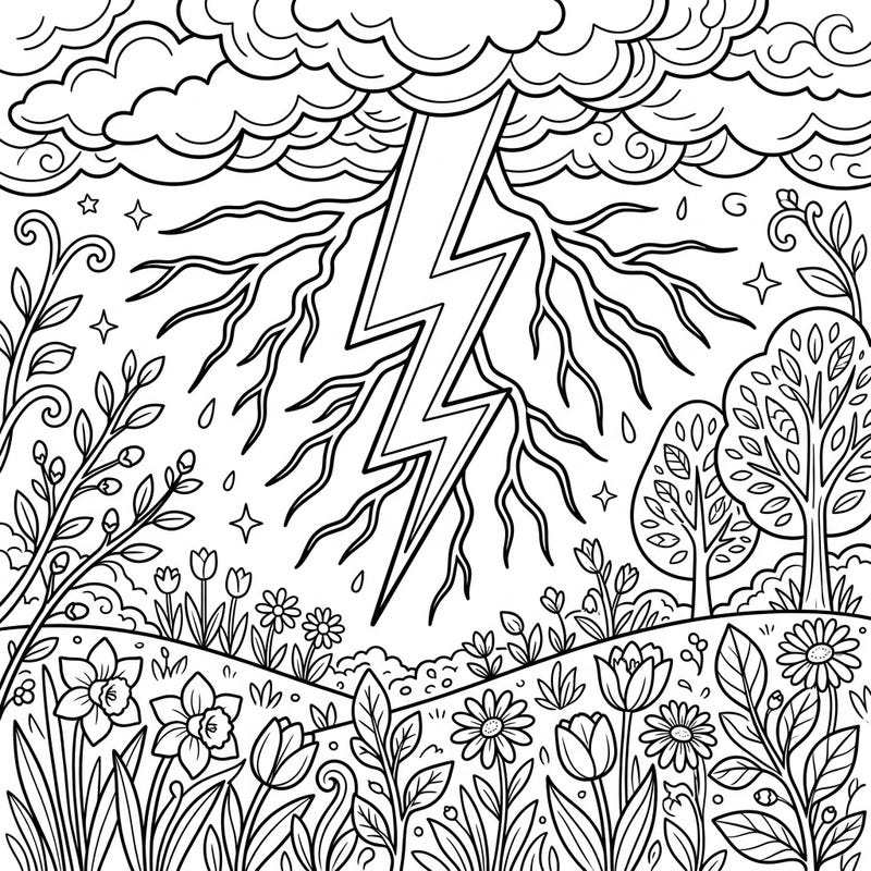 Unleash your creativity with this captivating coloring page featuring a spectacular forked lightning bolt amidst a flourishing spring landscape. It's a striking blend of nature's raw power and gentle, vibrant renewal, perfect for artists of all levels.