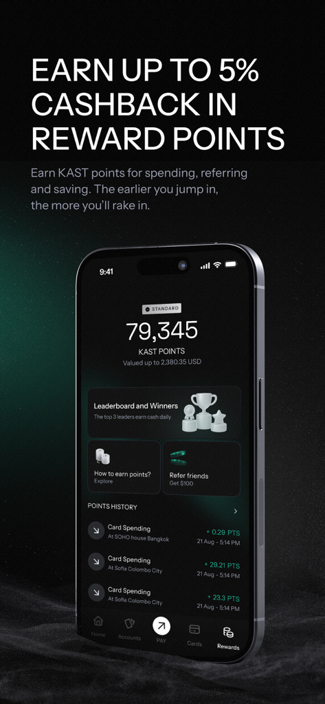 KAST Finance - Pantalla de la aplicación KAST Finance que muestra el saldo de puntos de recompensa y una oferta de reembolso del 5 por ciento