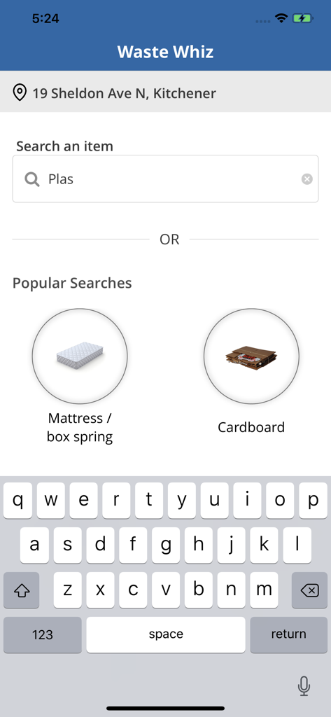 Écran de recherche de l'application Waste Whiz montrant des articles populaires tels que les matelas et le carton