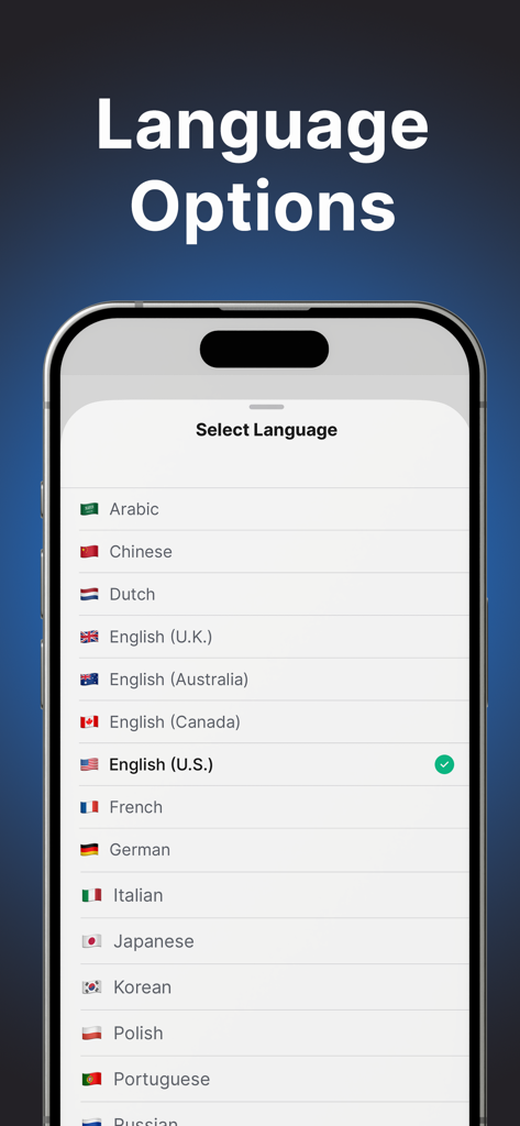 Un écran de téléphone mobile affichant le menu de sélection de la langue avec plusieurs options internationales pour l'application d'écriture d'e-mails IA