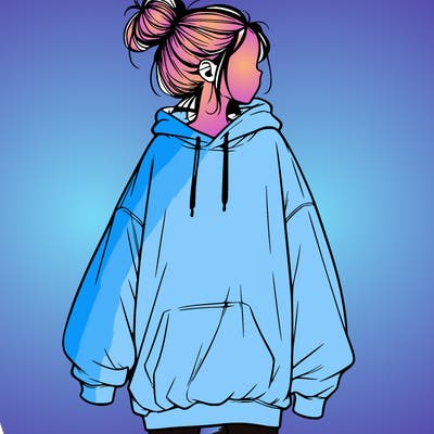 realistic girl with a oversized sweatshirt on and a bun