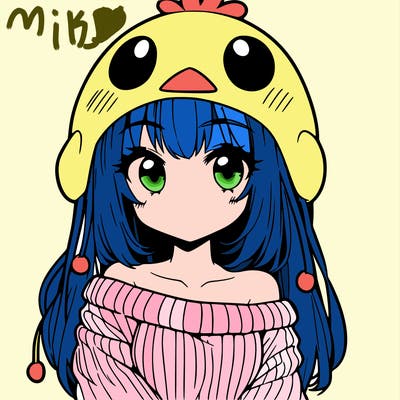 anime girl with chick shaped hat with sweater with bare shoulders with bangs covering them one eye with low tail