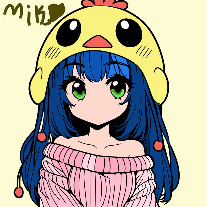 anime girl with chick shaped hat with sweater with bare shoulders with bangs covering them one eye with low tail