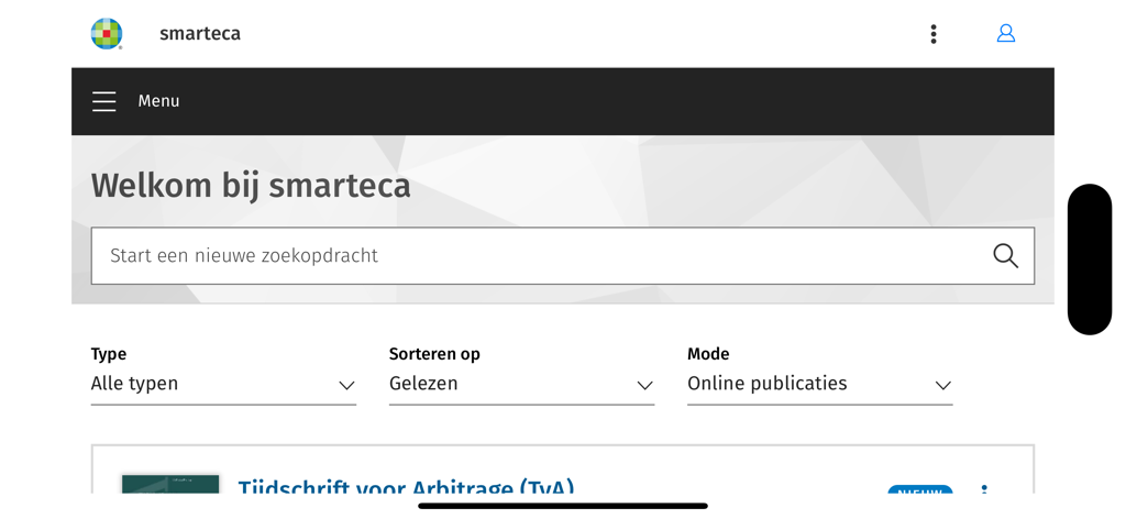 Pantalla de inicio de Smarteca NL mostrando el mensaje de bienvenida, la barra de búsqueda y los filtros de publicación