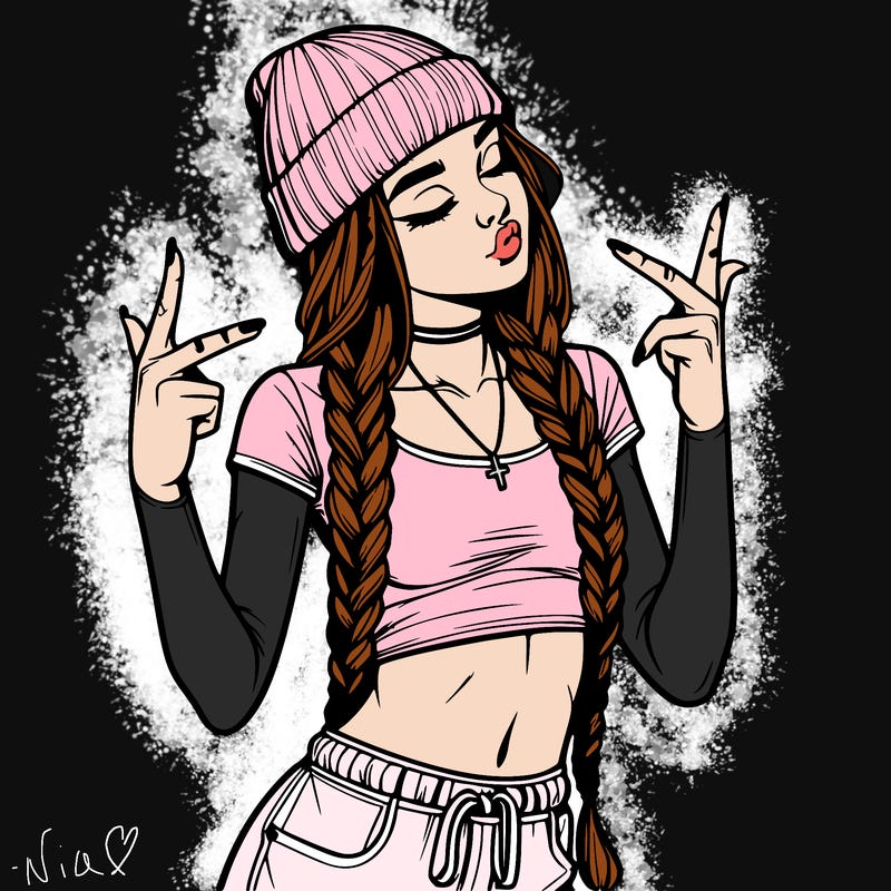 realistic teenage girl with braids and a beanie and crop top doing 🫶🏼