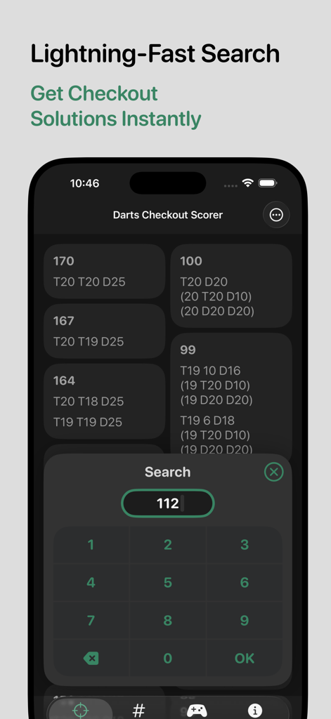Darts Checkout Scorer - A mobile interface for the Darts Checkout Scorer app showing a fast search feature for checkout combinations and finish routes.