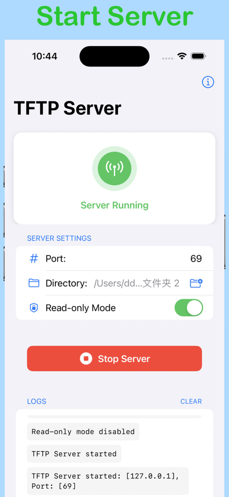 Interface of TFTP Server Mobile showing the server running on port 69 with active logs and configuration settings.