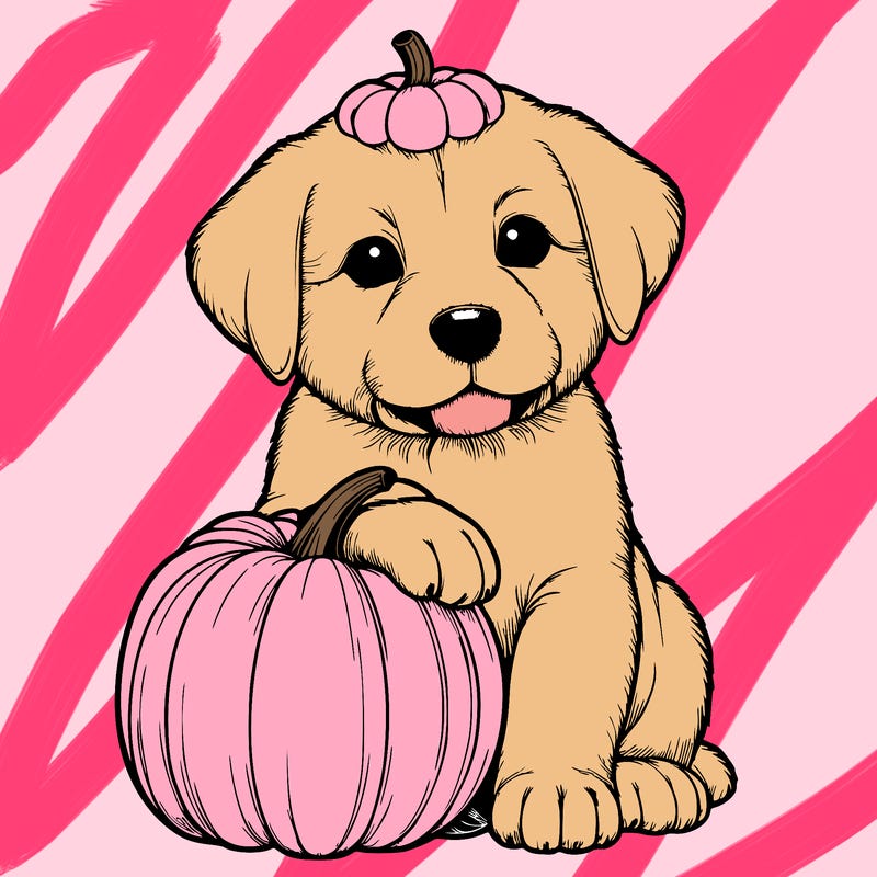 a realistic puppywith a pumpkin on his head