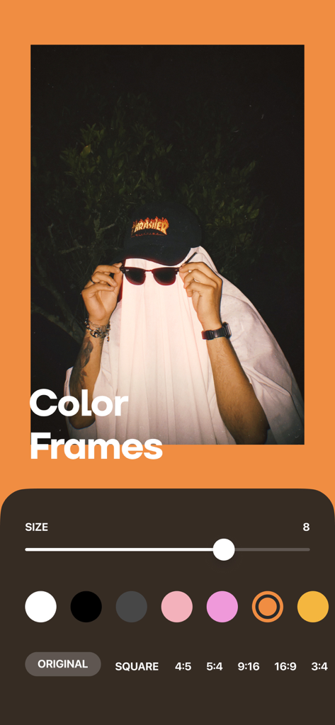 Interface de l'éditeur de photos Uplens avec des outils de réglage de cadre de couleur et de taille pour le contenu des réseaux sociaux