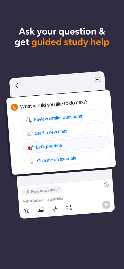 Chegg Study app interface showing guided study help options including practice questions and examples