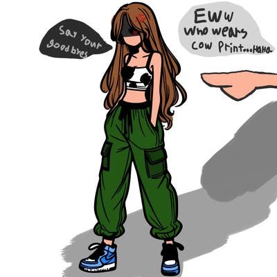 girl in baggy pants crop top and long hair
