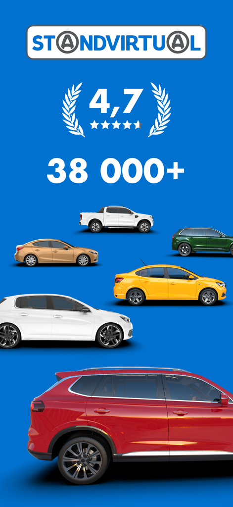 Standvirtual: Car Marketplace - Imagen promocional de la aplicación Standvirtual mostrando una calificación de 4.7 estrellas y más de 38.000 anuncios de vehículos sobre un fondo azul.
