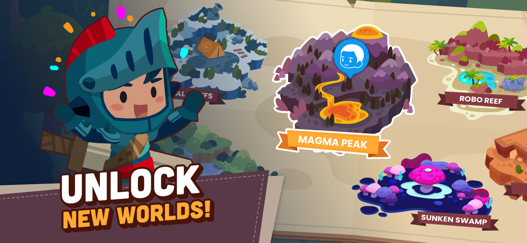 A cartoon knight character standing next to a map of unlockable game worlds in the Mightier app