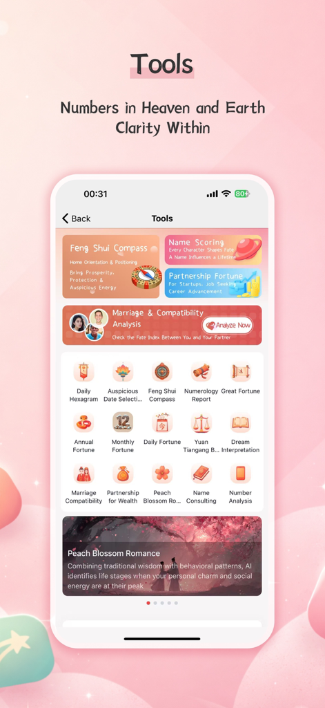 The tools menu of the YiMatrix AI Fortune Teller app showing Feng Shui and compatibility options