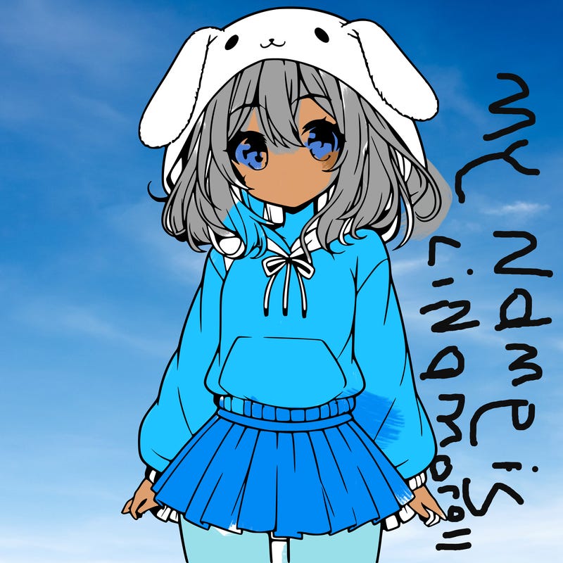 pretty anime girl wearing a fluffy hoodie with bunny ears on the hood and a skirt