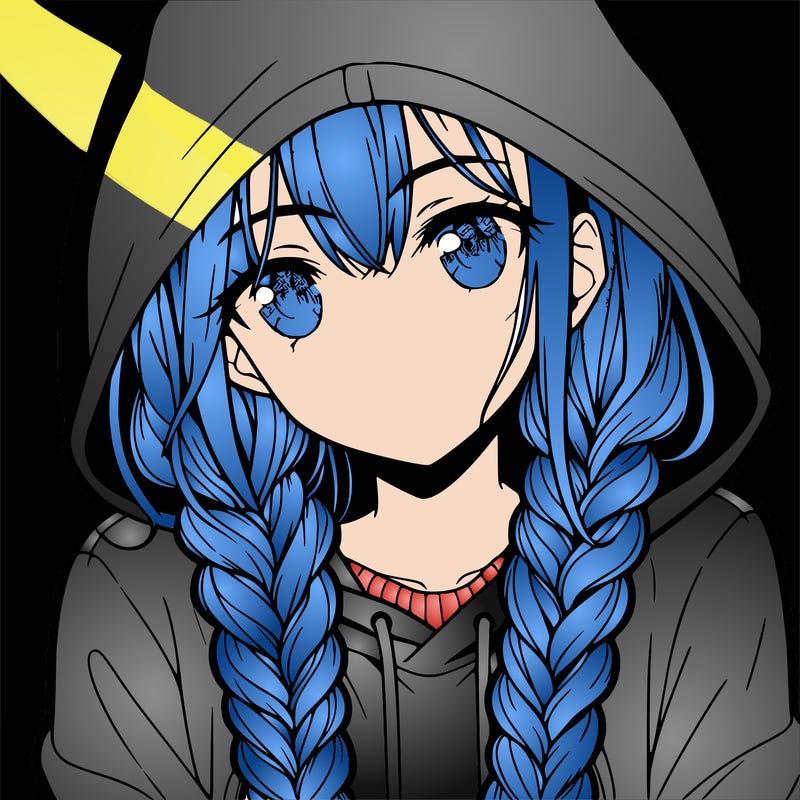 anime girl with long braids and hoodie