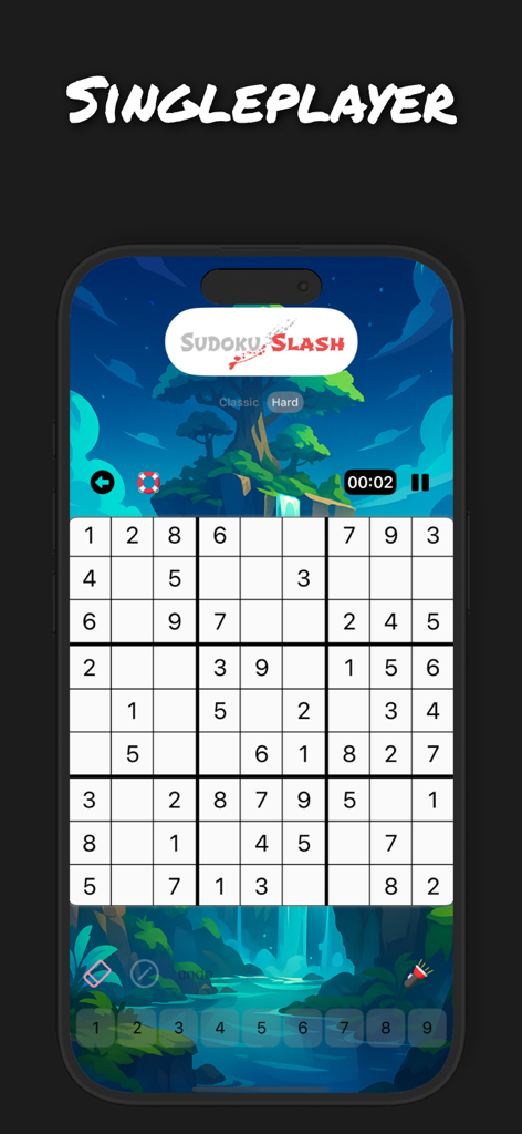 Sudoku Multiplayer Puzzles - Tabellone di gioco Sudoku solitario di Sudoku Slash in difficoltà difficile con sfondo a tema cascata