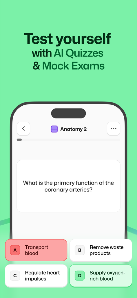 Flashka - AI Flashcards Maker - Una interfaz móvil de Flashka que muestra un cuestionario de anatomía impulsado por IA con preguntas de opción múltiple y funciones de examen simulado.