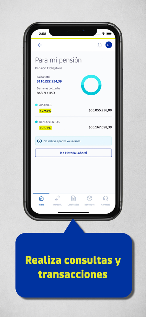 Protección - Interface of the Proteccion mobile app displaying pension fund balance and contribution history