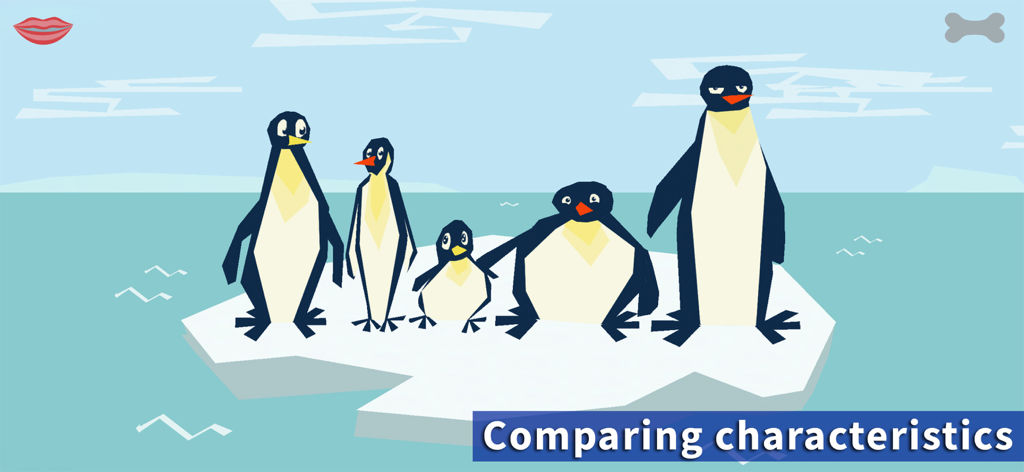 Lazuli 4+ - 大きさや形が異なる5匹のペンギンのグループが氷山の上にいて、特徴を比較する概念を示している