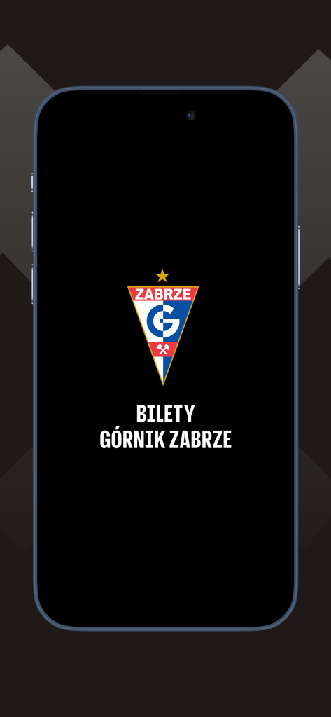 Tela de splash do aplicativo móvel Bilety Gornik Zabrze mostrando o emblema oficial do clube de futebol e o nome do aplicativo em um fundo escuro