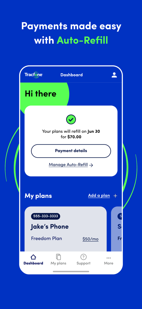 Tracfone Wireless My Account - Tracfone app dashboard showing auto refill confirmation and mobile plan details