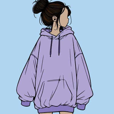 realistic girl with a oversized sweatshirt on and a bun