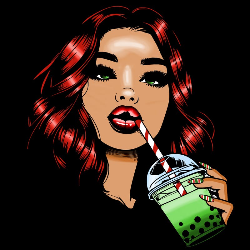 realistic girl with glossy lips holding boba