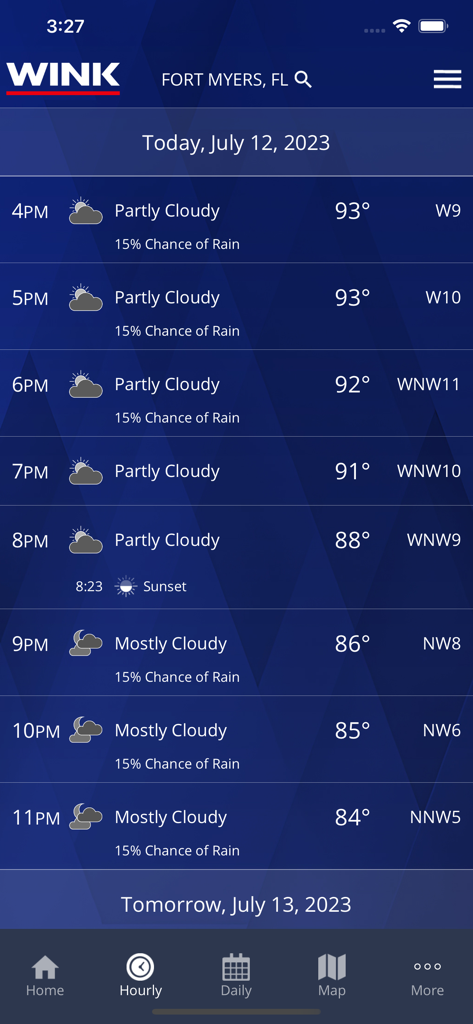WINK Weather app screenshot showing the hourly forecast for Fort Myers, Florida with temperature and cloud cover details.