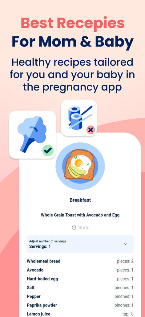 HiMommy: Ovulation & Pregnancy - HiMommy app screen showing healthy recipes and food safety tips for pregnancy