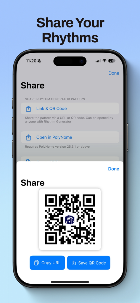 Rhythm Generator - Sharing a rhythm pattern via QR code in the Rhythm Generator app
