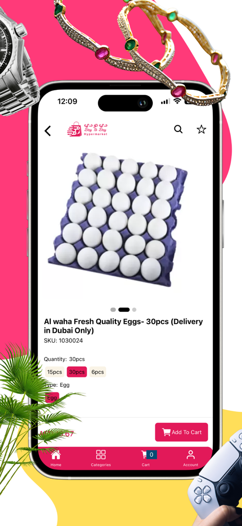 Day To Day Online - Mobile app screen showing a product page for a tray of thirty fresh eggs with an add to cart button