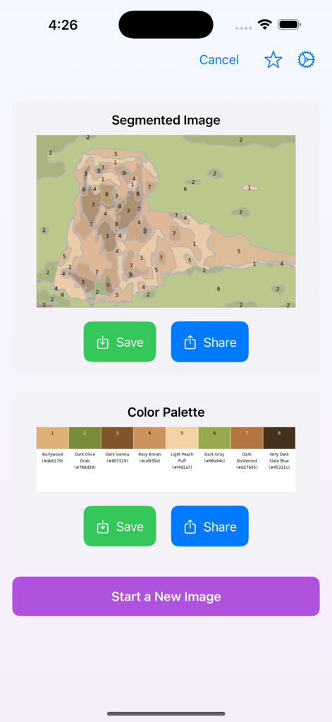 ColorCrafter: Paint by Numbers - Un patrón de pintura por números segmentado y una paleta de colores en la interfaz de la aplicación ColorCrafter.