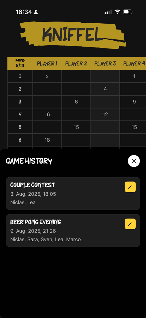 Kniffel - A screenshot of the Kniffel app showing the game history overlay with past match results and a digital score sheet in the background.