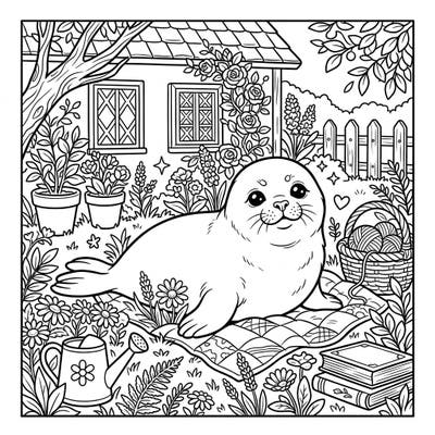 Discover an enchanting coloring page featuring a delightful seal pup nestled in a serene cottagecore garden. This charming scene invites you to relax and infuse its rustic beauty with your favorite colors.