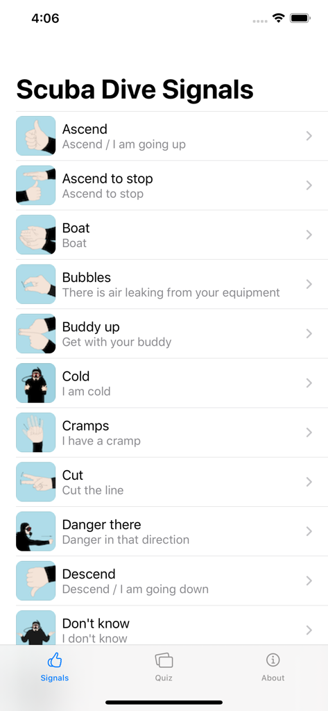 Ein Bildschirm einer mobilen App, der eine Liste von Tauch-Handzeichen mit Illustrationen und Textbeschreibungen zeigt.