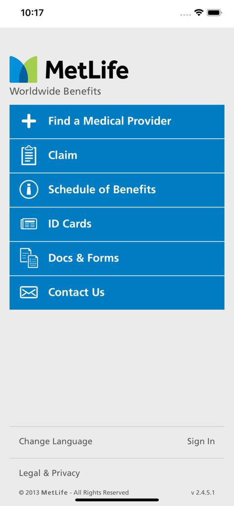 MetLife Worldwide Benefits - メットライフ・ワールドワイド・ベネフィッツのホーム画面。医療機関検索、請求提出、保険IDカード表示などのメニューオプションが表示されています。