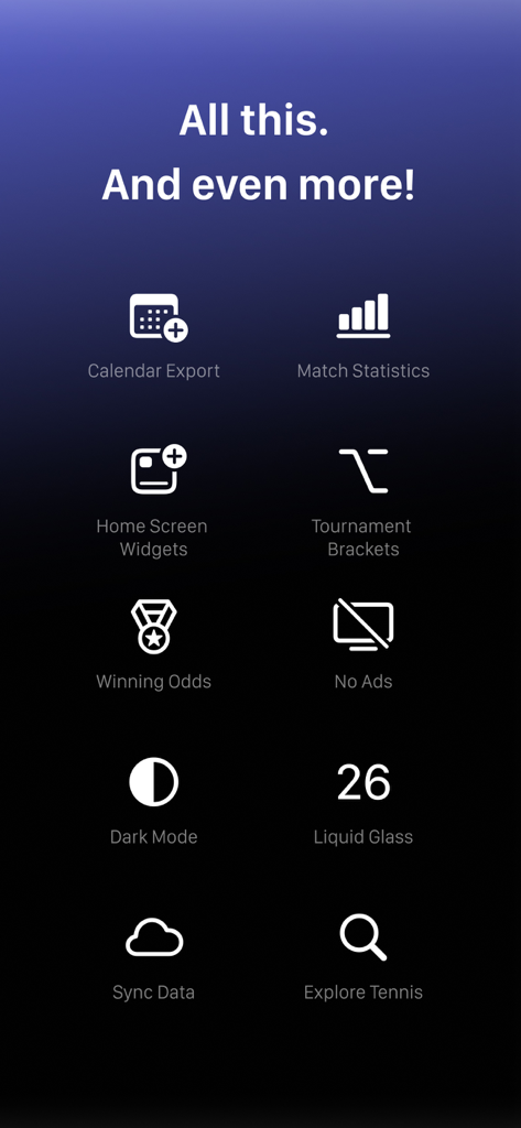 Court One: Tennis Scores - A list of key features for the Court One tennis app including match statistics, home screen widgets, and tournament brackets on a dark blue background.