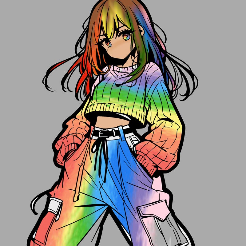 anime teen girl with baggy pants and crop top with sweater