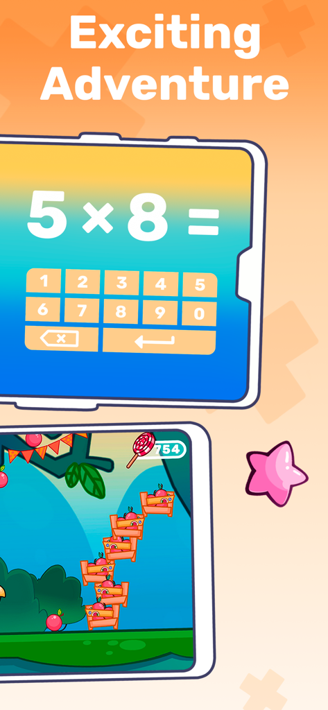 Multiplication Games For Kids. - Multiplication problem screen alongside a colorful adventure game world for children