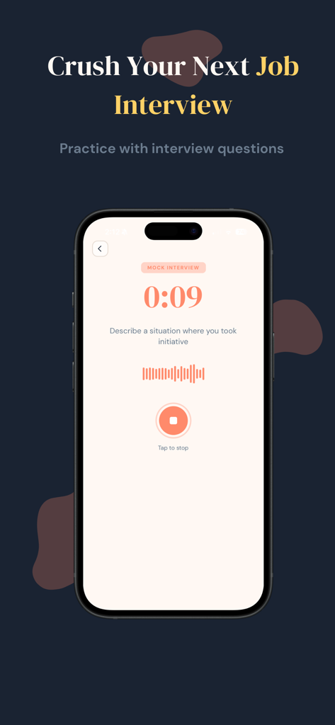 Unscripted: Articulation Coach - Unscriptedアプリのモックインタビュー機能が表示されたスマートフォン画面。タイマーとインタビューの質問を練習するプロンプトがあります。
