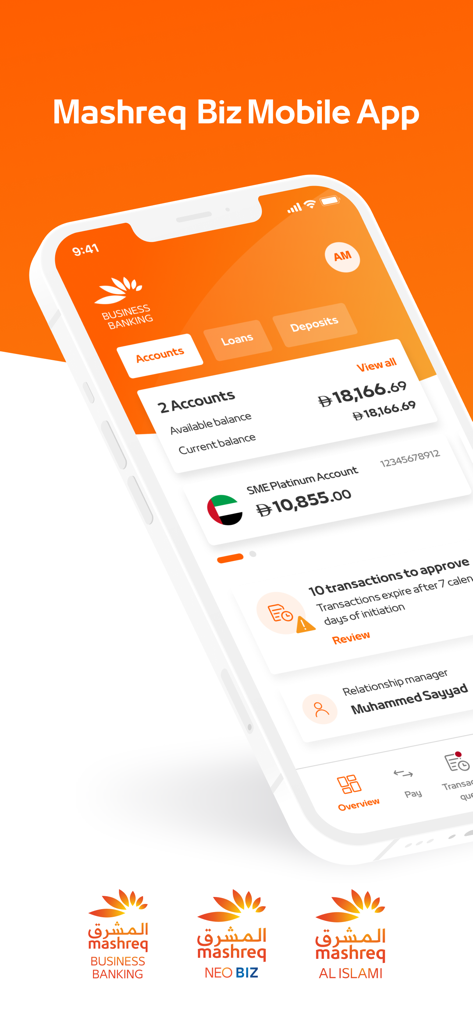 Interface do aplicativo móvel Mashreq Biz mostrando visão geral da conta empresarial e fila de transações